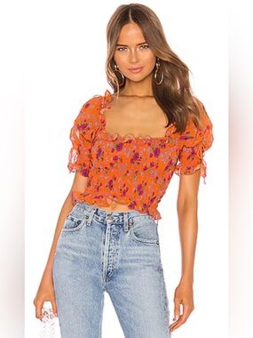 For Love & Lemons Peony Smocked Cropped Top Tangerine Sz Xs
